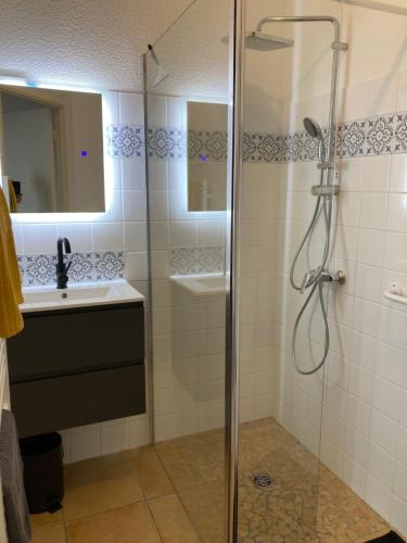 La salle de bains est pourvue d'une douche et d'un lavabo. dans l'établissement La Rosaire, à Soulac-sur-Mer
