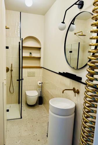 a bathroom with a toilet and a mirror at Apartement Starówka in Jelenia Góra