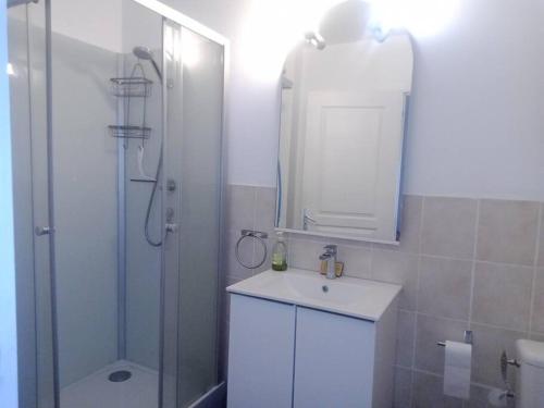 une salle de bain avec une douche, un lavabo et un miroir dans l'établissement Studio équipé 2 personnes, Port la Nouvelle centre, à Port-la-Nouvelle