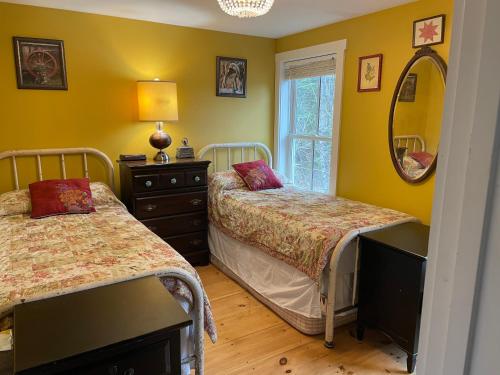 a bedroom with two beds and a mirror at Cozy 1882 renovated cape in Plainfield