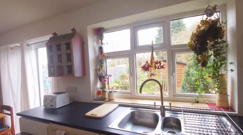 a kitchen with a sink and two windows at Comfortable artistic house welcomes you! in Oxford