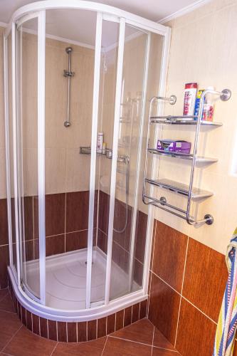 a shower with a glass door in a bathroom at Chata Mojer Bachledova dolina in Ždiar