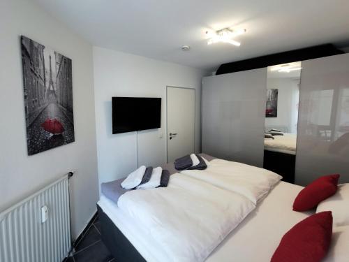 a bedroom with a large bed and a tv on the wall at Komfortable 2-Zimmer-Ferienwohnung am Kurpark in Bad Kreuznach