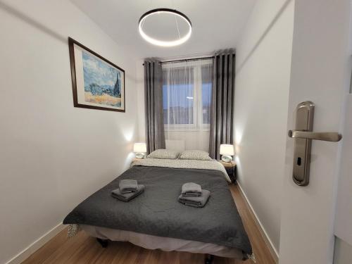 a bedroom with a bed in a room with a window at Ludowa apartament in Biskupiec