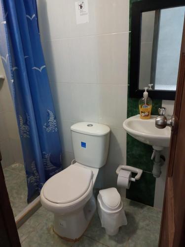 a bathroom with a toilet and a sink at S. Peppers Hostel in Jardin