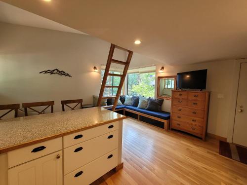 a kitchen with a living room with a ladder at Quiet Lofted Studio at Tomboy Lodge in Telluride