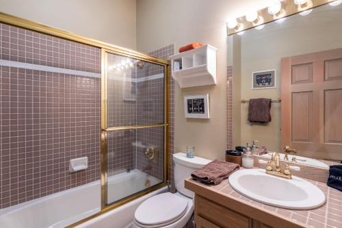 a bathroom with a shower and a toilet and a sink at Ski in Ski out Village Creek condo in the Mountain Village Core in Telluride
