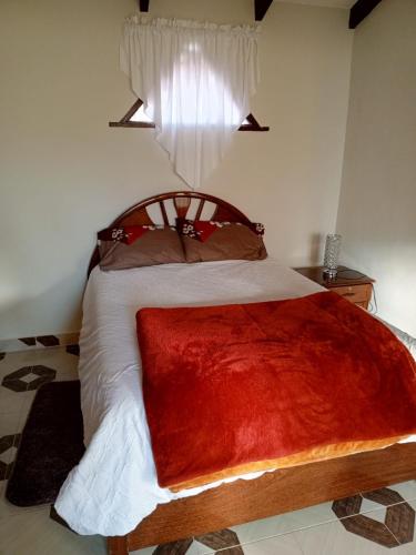 a bedroom with a bed with a red blanket on it at Departamento 1 casa Iglesias in Sucre