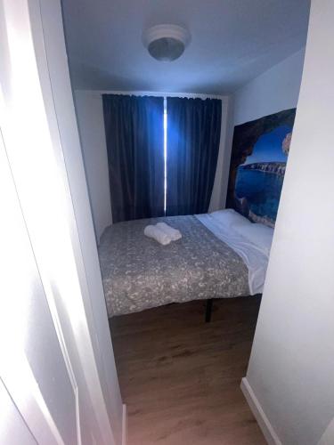 a small bedroom with a bed and blue curtains at Cozy Apartments Woodside near Manhattan in Queens
