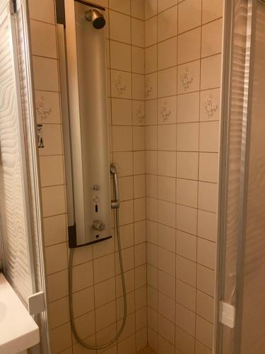 baño con ducha y puerta de cristal en Tilava yksiö Niinivaaralla, en Joensuu