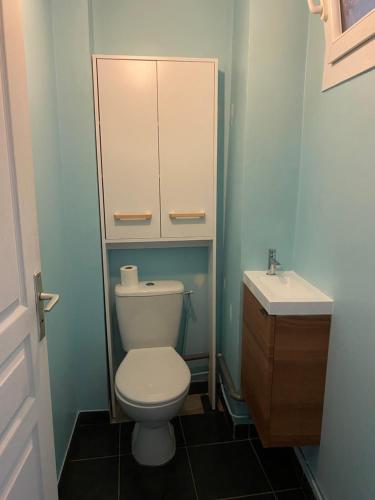 a small bathroom with a toilet and a sink at Maison proche Lyon Centrale du Bugey in Dagneux