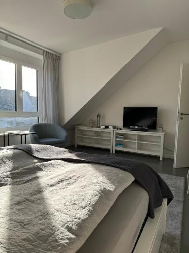 1 dormitorio con 1 cama grande y TV en Gemütliche Wohnung mit 2 Schlafzimmern auf 75 qm, en Kürnach
