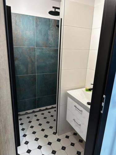 a bathroom with a shower and a black and white floor at Byt v rezidenční čtvrti Prahy 6 in Prague