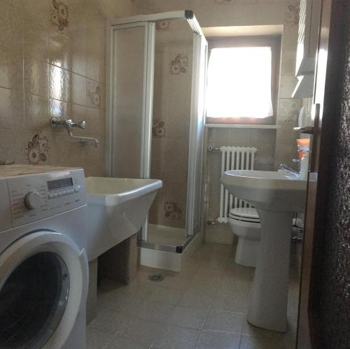 a bathroom with a washing machine and a sink at Appartamento Cogolo con terrazza in Cogolo