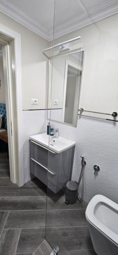 a bathroom with a sink and a mirror and a toilet at White rezidence II in Curtea de Argeş