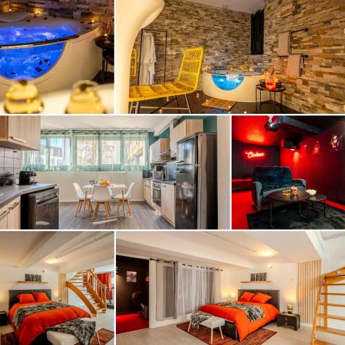 un collage de photos d'une cuisine et d'une chambre dans l'établissement Cocon Relax - Jacuzzi - Cinéma, à Montbéliard