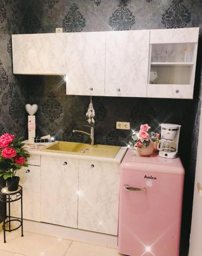 a kitchen with a pink refrigerator and a sink at Idyllisches Nest über den Dächern in Dortmund