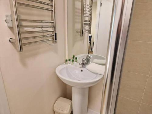 um banheiro branco com pia e chuveiro em Tranquil Studio Apartment em Blandford Forum