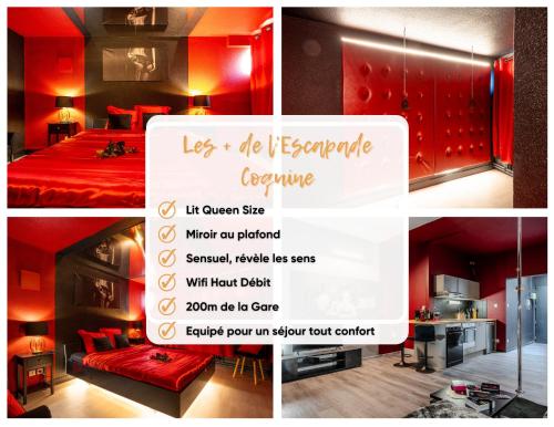 a collage of photos of a room with a red bed at Cocon Sensuel - 50 Nuances - Les Cocons de Nath in Montbéliard