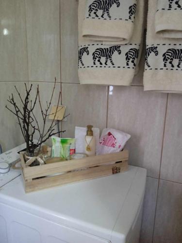 ein Bad mit Handtüchern auf der Rückseite eines WCs in der Unterkunft Φιλόξενο σπίτι στο Λουτράκι! in Loutraki
