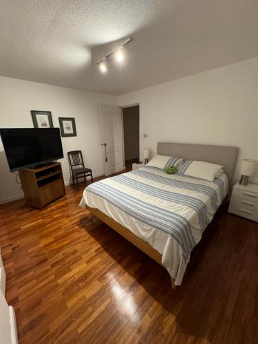 um quarto com uma cama e uma televisão de ecrã plano em Apartamento Edifício Vista Verde - Oakland - Zona 10 em Guatemala