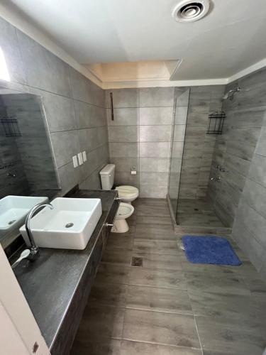 a bathroom with a sink and a toilet and a shower at Casa Barrio Bombal in Mendoza