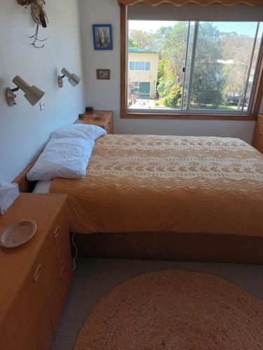 1 dormitorio con 2 camas y ventana en Wren's Nest at Culburra Beach, en Culburra Beach