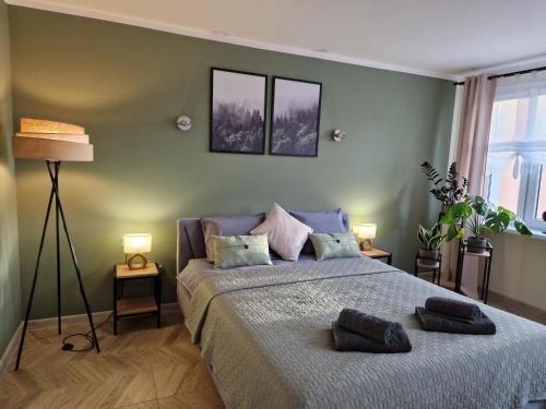 a bedroom with a bed with two pillows on it at Apartament Karolina ul. Lipowa 2/29, 58-530 Kowary in Kowary