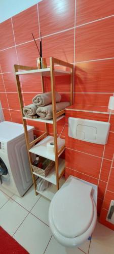a bathroom with a toilet and a red wall at Apartament Râșnov in Râşnov