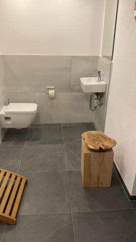 a bathroom with a toilet and a sink at Ferienwohnung Bergjuwel in Fischen