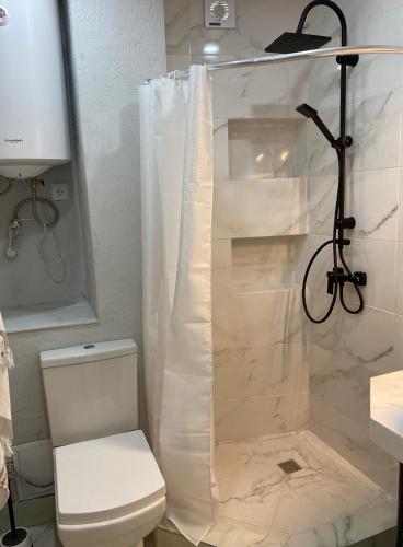 a bathroom with a toilet and a shower curtain at 2-room Apartment NFT Gudauri Penta 701 in Gudauri