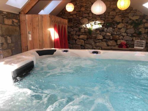 eine Whirlpool-Badewanne im Bad mit einer Steinmauer in der Unterkunft Le Domaine de Castille - maison pyrénéenne de charme - spa de nage in Arrens-Marsous