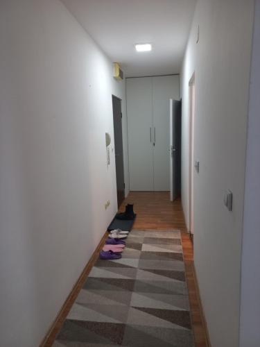 a hallway with white walls and a rug on the floor at Apartman Diva in Belgrade