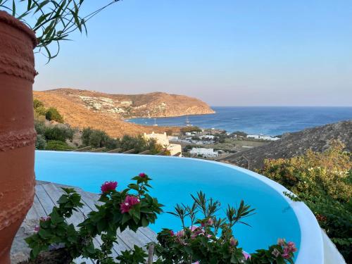 a blue swimming pool with a view of the ocean at Villa Artisti Mykonos in Agrari