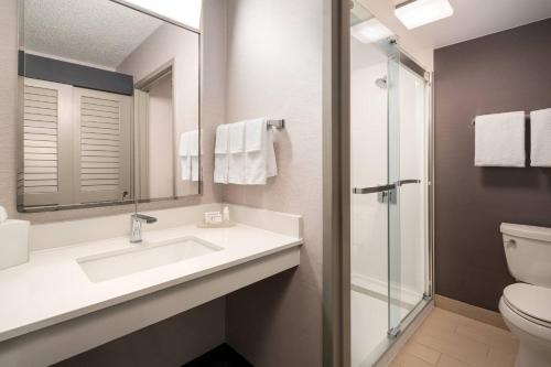 a bathroom with a sink and a toilet and a mirror at Courtyard Los Angeles Torrance/Palos Verdes in Torrance