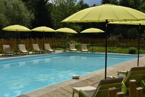 una piscina con sillas y sombrillas y un grupo de sillas y una piscina en Les Lodges du Lac, en Saint-Alban-de-Montbel