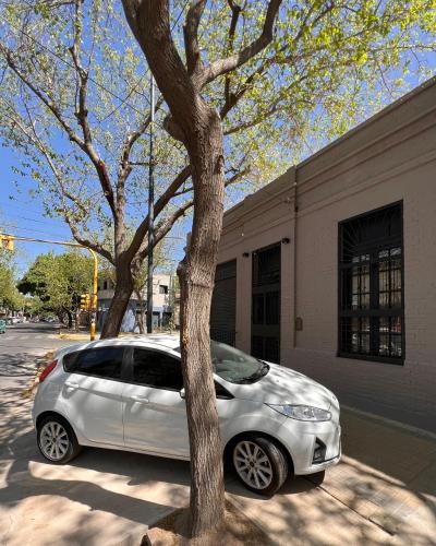 um carro branco estacionado ao lado de uma árvore em Jameli house em Mendoza