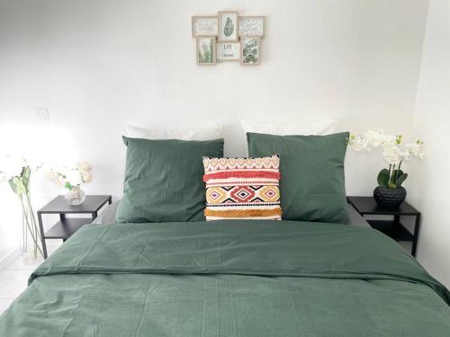 a bed with a green comforter and two pillows at Très spacieux et lumineux appart. Calme&agréable in Vaulx-en-Velin