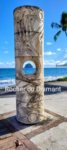 a wooden artifact on the beach with the ocean in the background at L'Odyssée - 3 pièces, piscine et mer, idéalement situé in Le Diamant
