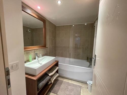 une salle de bain avec une baignoire, un lavabo et un miroir dans l'établissement Appartement duplex T3, Isola2000, France, à Isola 2000
