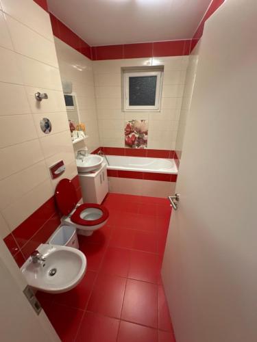 a red bathroom with a toilet and a sink at Regim hotelier in Braşov