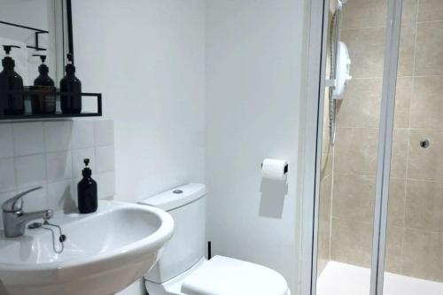 a bathroom with a sink and a toilet and a shower at 2 Bedroom City Centre Duplex Apt in Preston