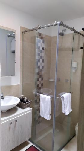 a bathroom with a glass shower and a sink at Loft urbano apartamento in Salento