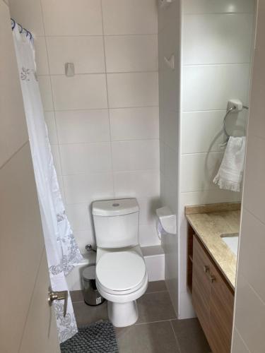 a small bathroom with a toilet and a sink at Departamento min 3 noches 3 pers Viña del Mar in Viña del Mar