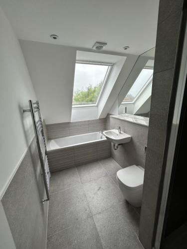 a bathroom with a toilet and a sink and a window at The Penthouse Double Bedroom Free Parking in Epsom
