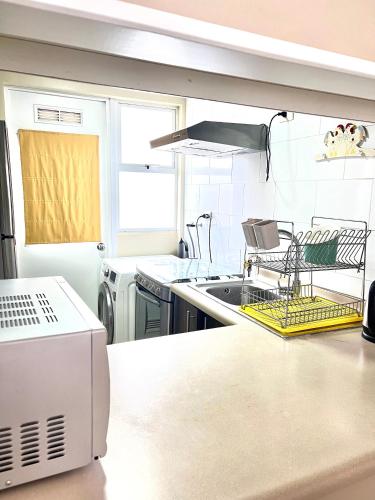 a kitchen with a sink and a dish drying rack at Casa en Pucón in Pucón