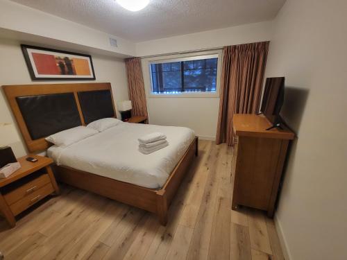 a bedroom with a bed and a television in it at Rocky Mountain Getaway in Canmore