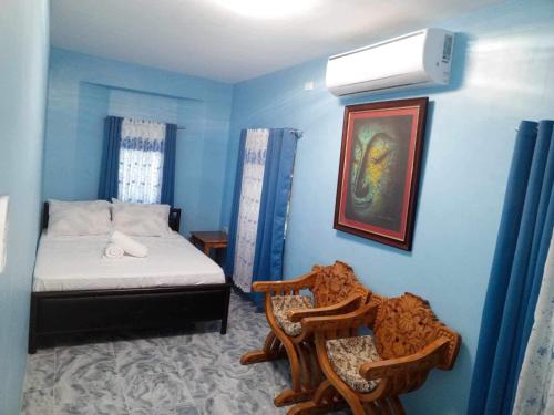 安達的住宿－Anda Home at Cabagnow Cave Pool，蓝色卧室,配有床和两把椅子