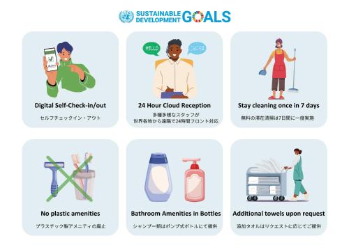 een set iconen van verschillende soorten reinigings- en ontsmettingsdiensten bij Minn Nihonbashi in Tokyo
