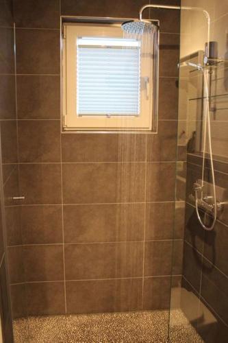 a bathroom with a shower with a window at Ferienwohnung Arlt in Bad Harzburg